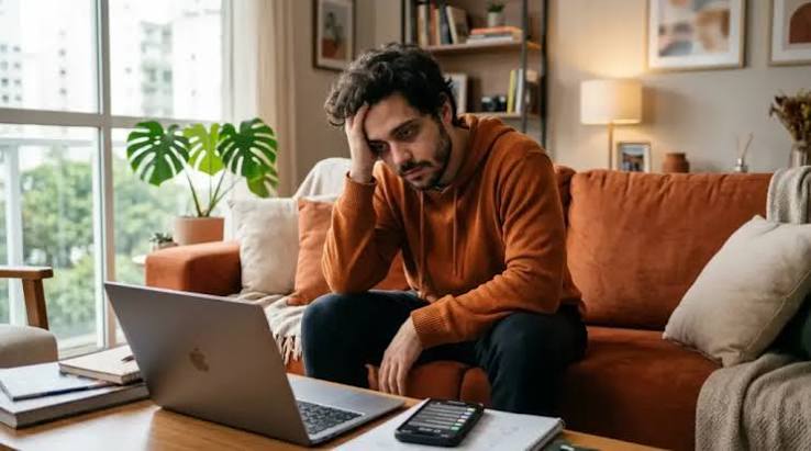 Homem sentado no sofá diante de um notebook, com a cabeça apoiada na mão e expressão de exaustão.
